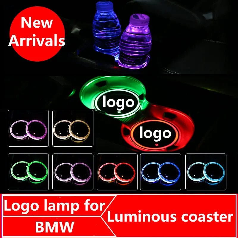 

2X Car Logo Light LED Cup Drink Holder Anti Slip Mat Coaster Stickers For BMW E46 E39 E60 F30 E90 F10 F30 E36 X3 X5 Accessories