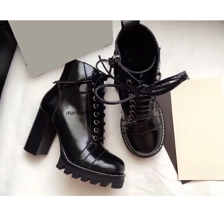Chic Black PU Leather Block High Heels Platform Short Boots Fashion Women Round Toe Chunky Heel Lace Up Ankle Boots Hot Selling Chic Black PU Leather Block High Heels Platform Short Boots Fashion Women Round Toe Chunky Heel Lace Up Ankle Boots Hot Selling