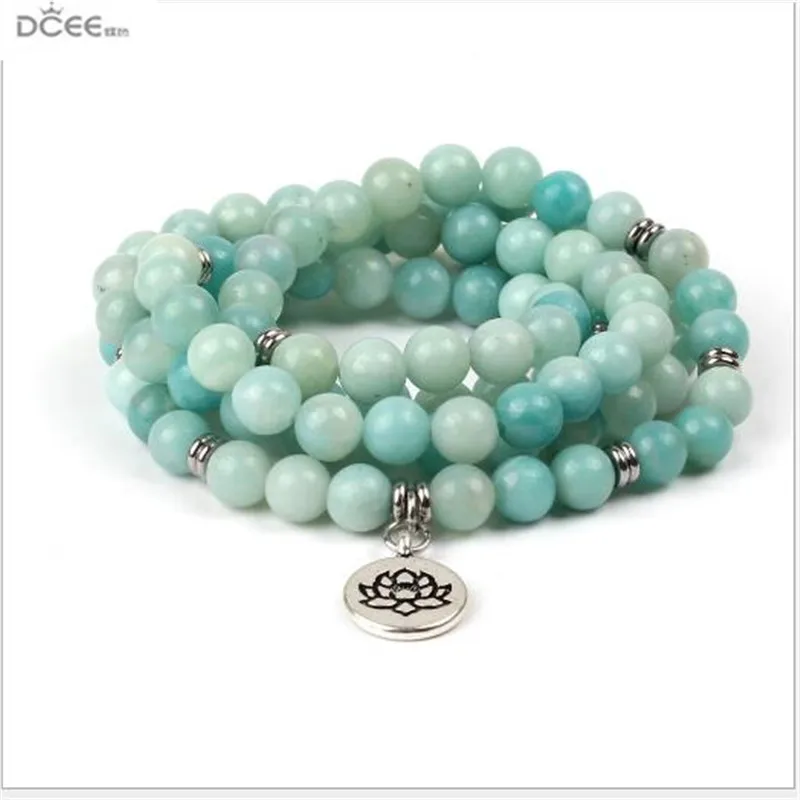 Popular High Quality 108 8mm Natural Amazon Stone Beads Mala Beaded Bracelet Yoga Necklace Lotus Pendant. | Украшения и