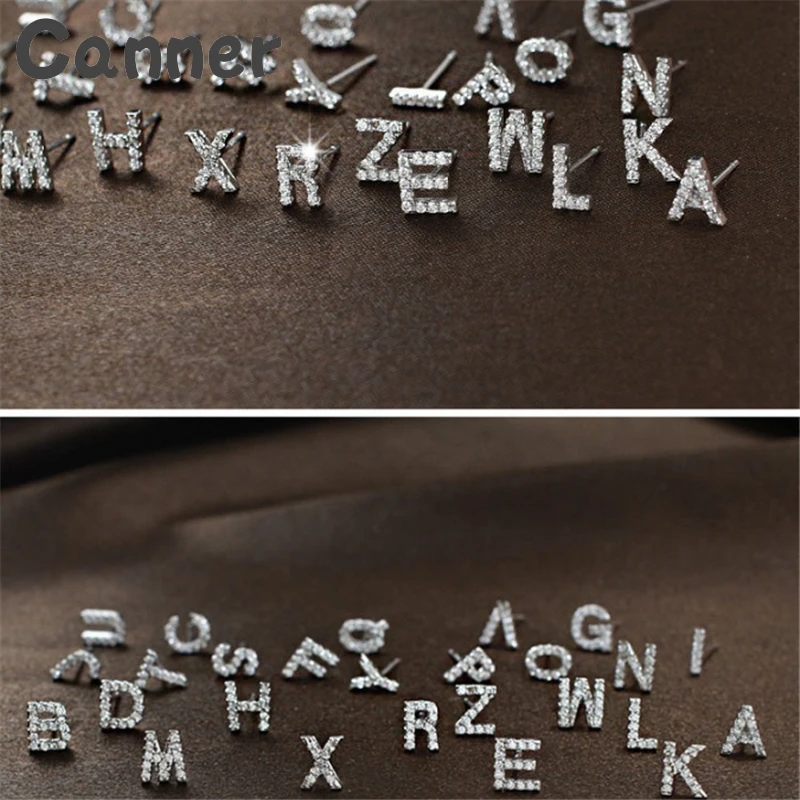 Canner Письмо Серебро 925 серьги гвоздики для женщин Буквы Алфавита Серьги Кристалл Ювелирные изделия маленькие серьги-гвоздики буквы Brinco A4