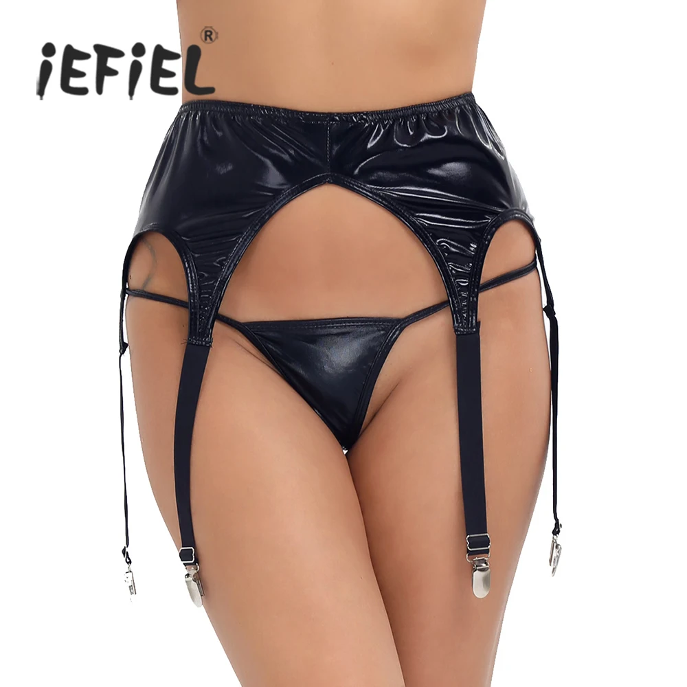 

iEFiEL Adult Women Wetlook Patent Leather Sexy Club Garter Panty Plastic Metal Clip Sock Garter Belt Holder Fastener Suspender