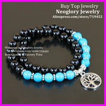 

5PCS Turquose With Black Onyx Stone Beads Bracelet Double Wrap Bracelet Silver Tree of Life Charm Yoga Energy Bracelet