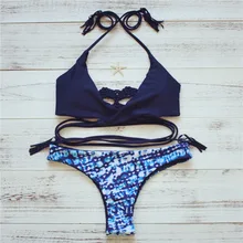 Sexy Micro Bikinis Women Bikini 2017 Swimsuit High Waist Bathing Suit Push Up Swimming Suit Beach Swimwear Set Print tassel Blue