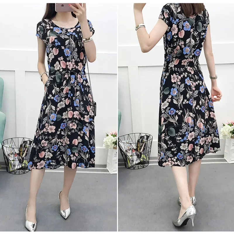

Spring Summer 2019 Mid-long Knee-length Style Dress Beach Style with Slash Pocket plus size M-4XL