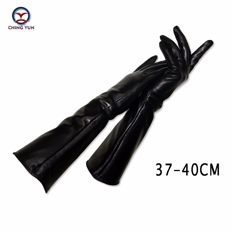 Long glove fashion sheepskin leather black gloves