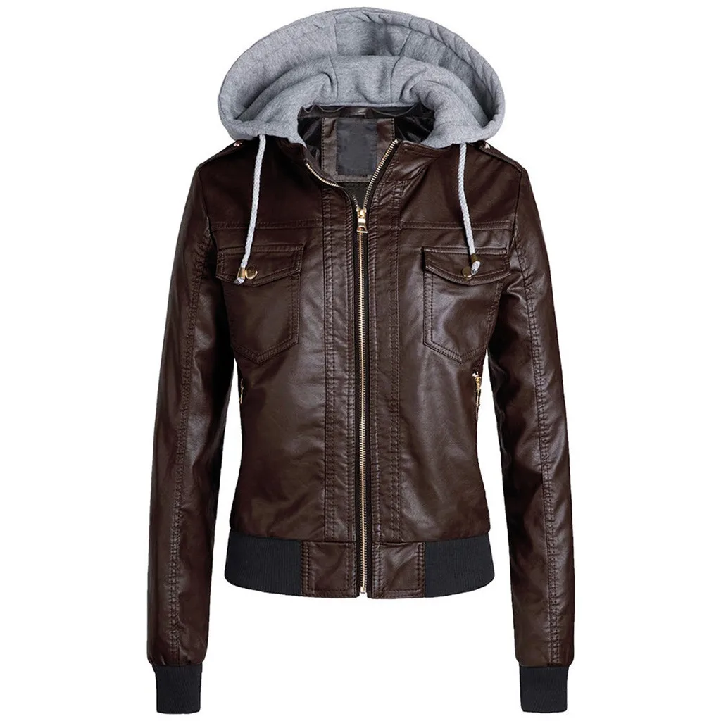 

Women Slim Leather Jacket Coat Casual Removable Zipper Caps Hooded Jacket Autumn Warm Short Coats Outwear YJJ1