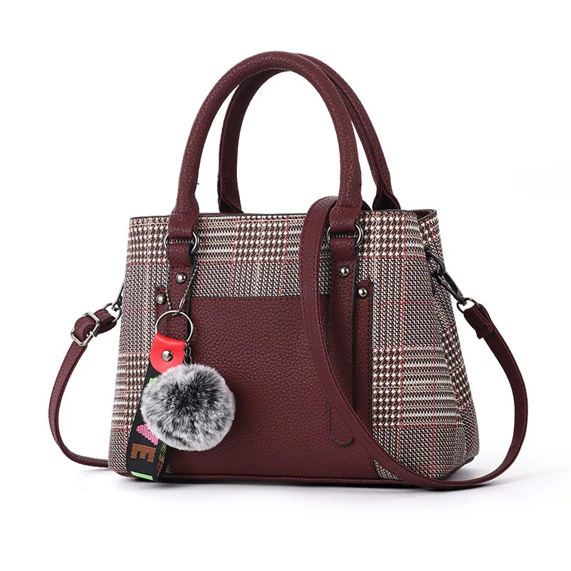 Women Leather Lattice Handbag Female Hairball Crossbody Shoulder Bags Lady Fashion Messenger Tote Top-Handle Purse Sac SS7256 (20)