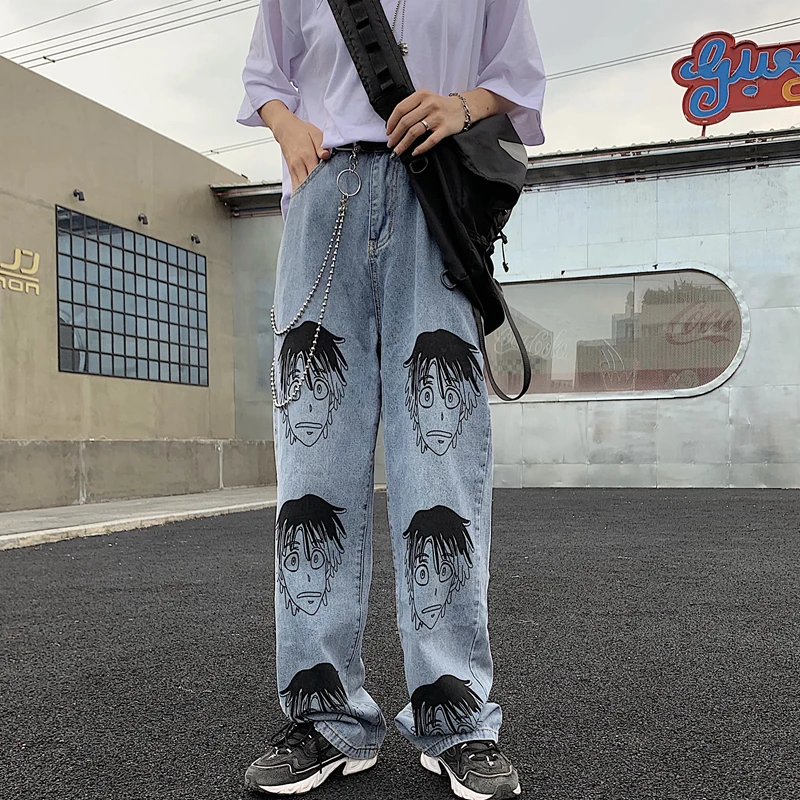 Neploe/прямые джинсы с принтом героев мультфильмов, летние свободные брюки Харадзюку с высокой талией для женщин и мужчин, длинные штаны 53180