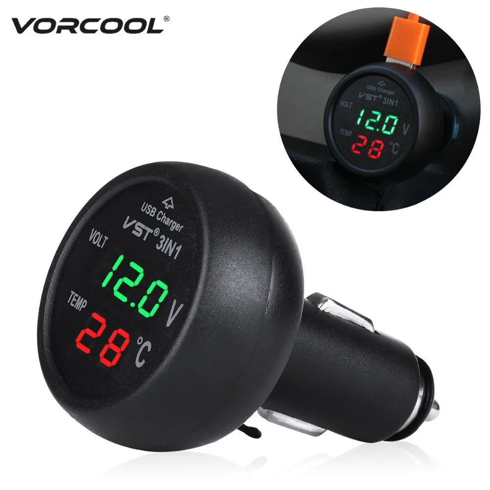 VORCOOL 12 24V Car Cigarette Lighter Socket Adapter with USB Port Voltmeter Thermometer Car