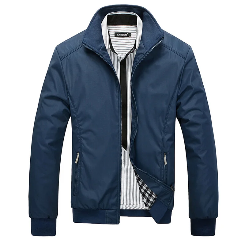 Мужская повседневная приталенная куртка со стоячим воротником, одноцветные куртки размера плюс 3XL, брендовая одежда, мужская повседневная куртка-бомбер в стиле милитари - Цвет: Синий