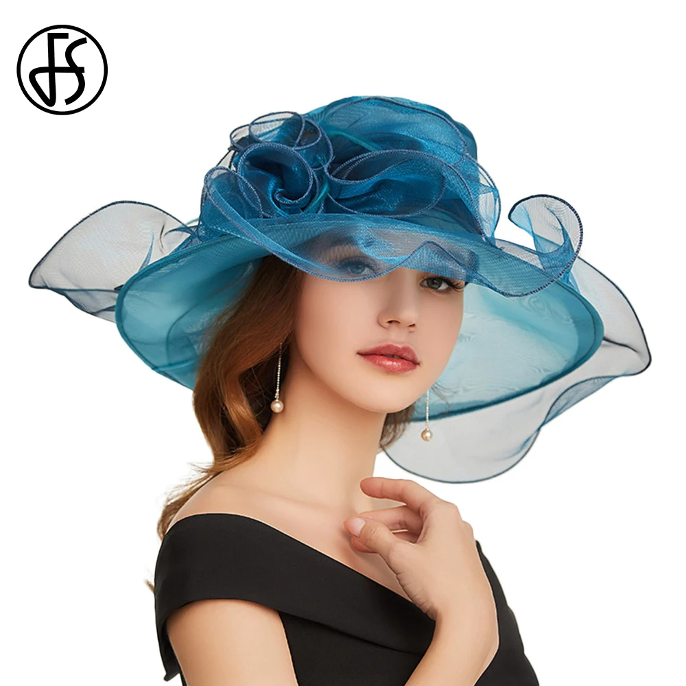 

FS 2019 Organza Large Wide Brim Wedding Party Hat Womens Sun Hats Fashiona Beige Big Floral Hat Elegant Ladies Church Fedoras