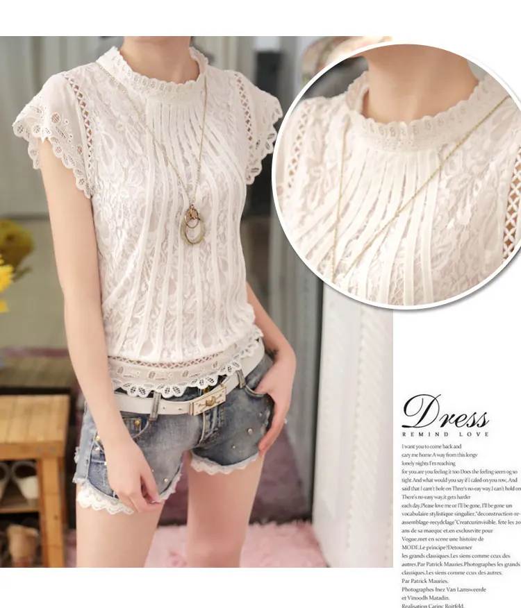 New 2016 Summer Fashion elegant solid Women Blouses Petal Sleeve Lace Chiffon O-neck Plus Size Shirt Tops 01C 35 21