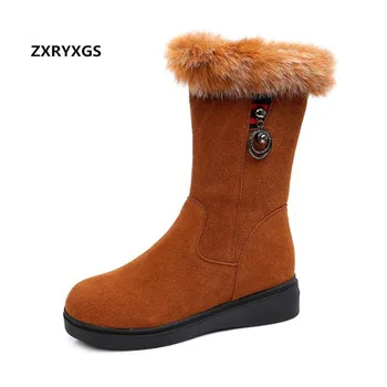 

2019 New Rabbit Hair Matte Cowhide Leather Boots Flat Non-slip In-tube Boots Warm Comfort Cotton Shoes Woman Shoes Snow Boots