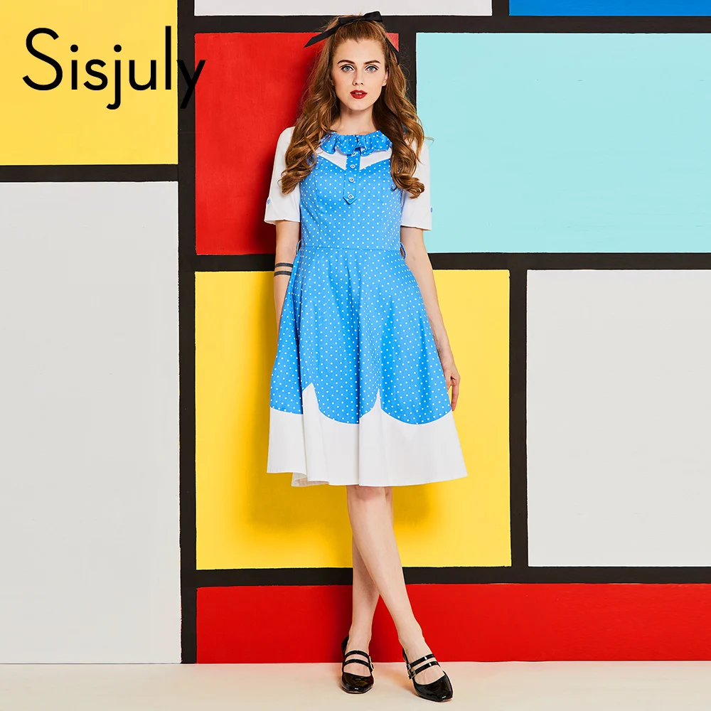 

Sisjuly 50s 60s vintage polka dot dress a line knee length ruffles peter pan collar short sleeve white blue patchwork dress