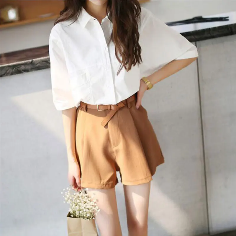 2017 Summer Korean style small fresh girl clothes fasion elegant turn-down neck puff sleeve single button two pieces pantsuits Women's Sets