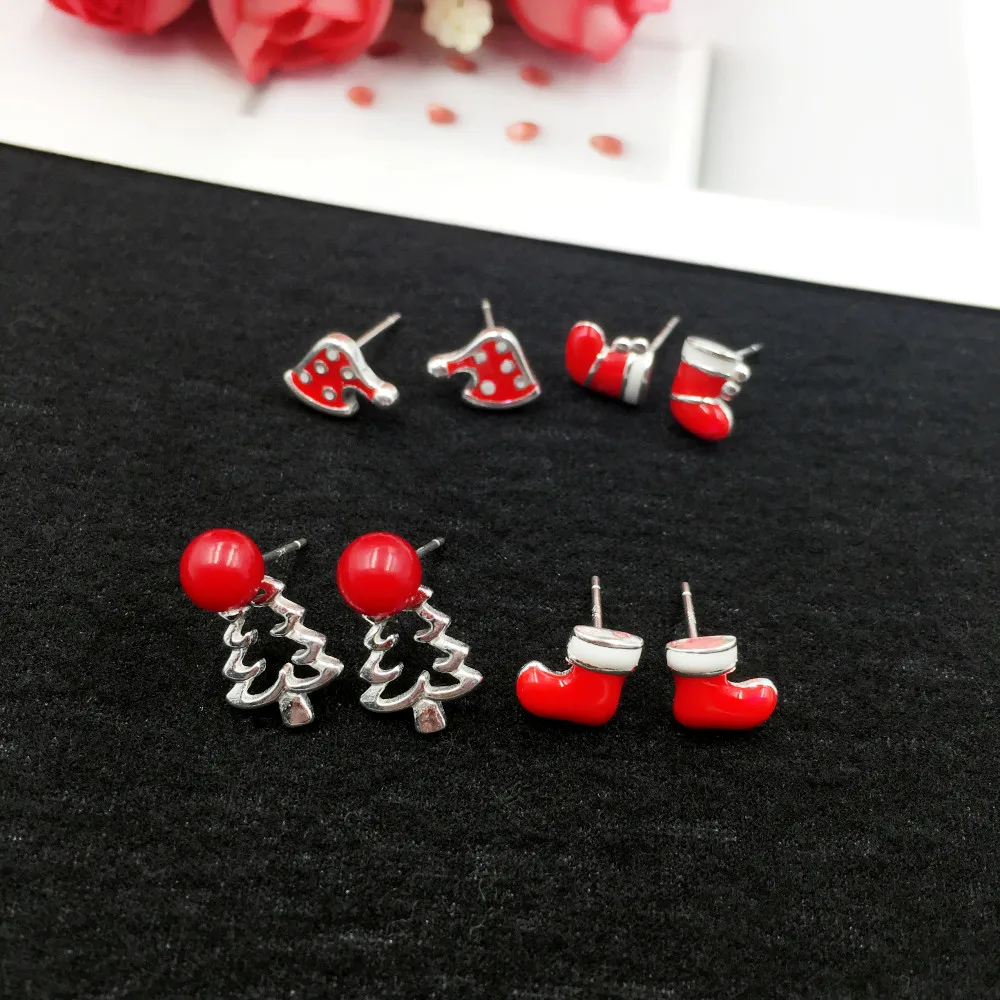 

Romantic 925 Sterling Silver Fashion Christmas Tree Cap Stocking Boot Small Stud Earrings for Women Female Jewelry Xmas Gift
