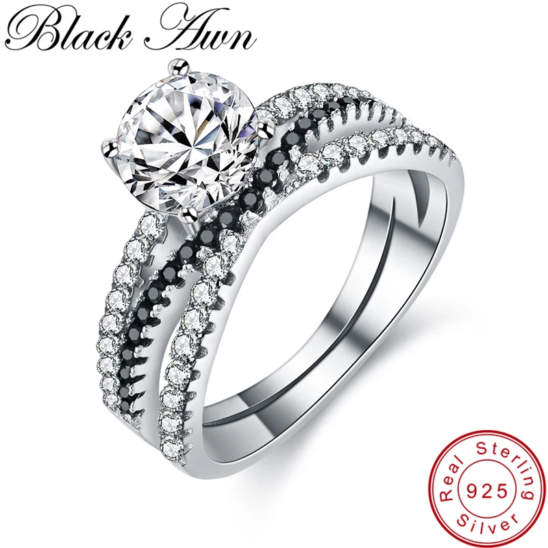 

[BLACK AWN] 3.9g 925 Sterling Silver Jewelry Trendy Wedding Rings for Women Black Spinel Engagement Ring Femme Bague C155