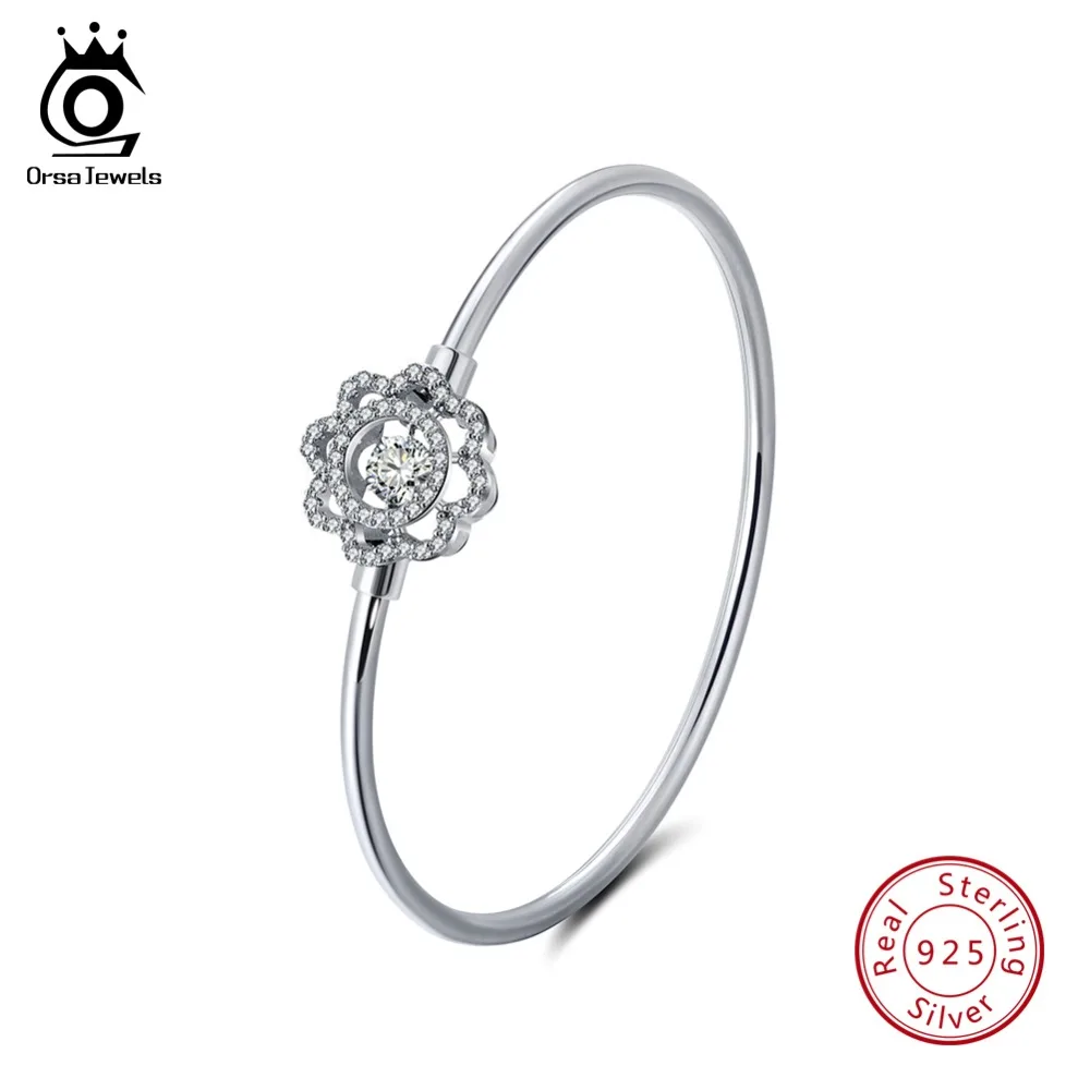 

ORSA JEWELS 925 Sterling Silver Women Bracelet Bangle Cute Flower Shape AAA Cubic Zircon Female Bracelets Fashion Jewelry SB07