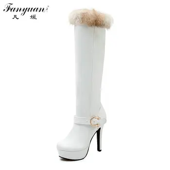 

Winter Rabbit Fur Women's Knee High Boots Inside Zip with Buckle Platform Thin High Heels Sexy Boots