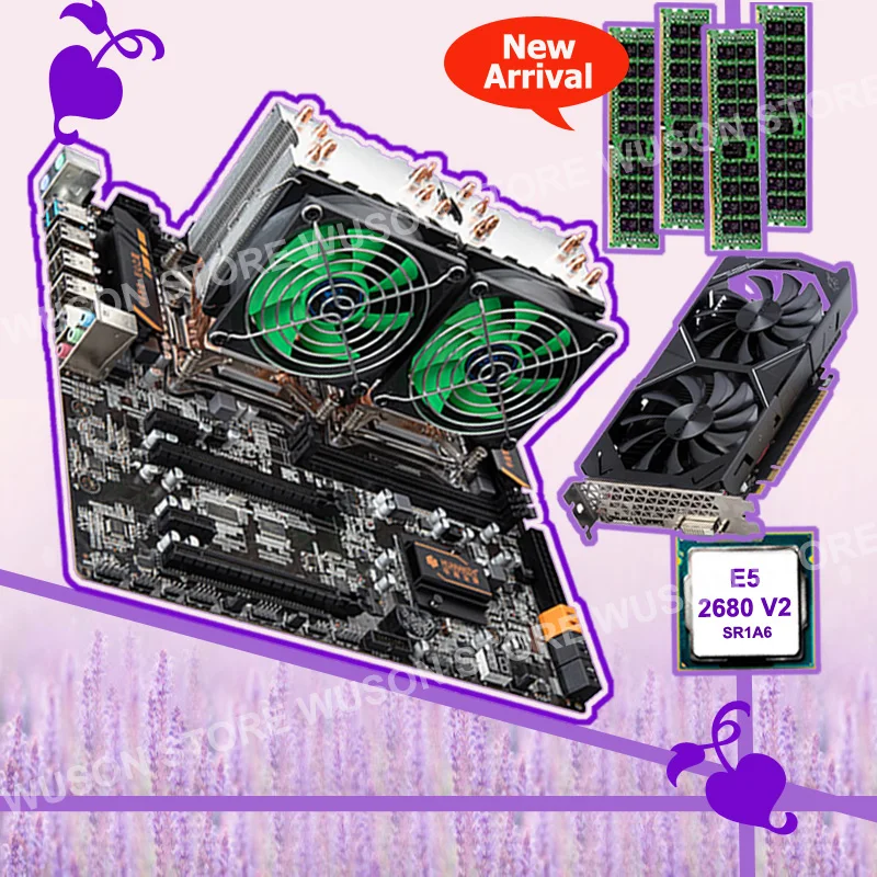 ^*Best Offers HUANAN ZHI X79 dual CPU motherboard with dual CPU Intel Xeon E5 2680 V2 SR1A6 coolers RAM 4*8G 1600 REG ECC video card GTX1050TI