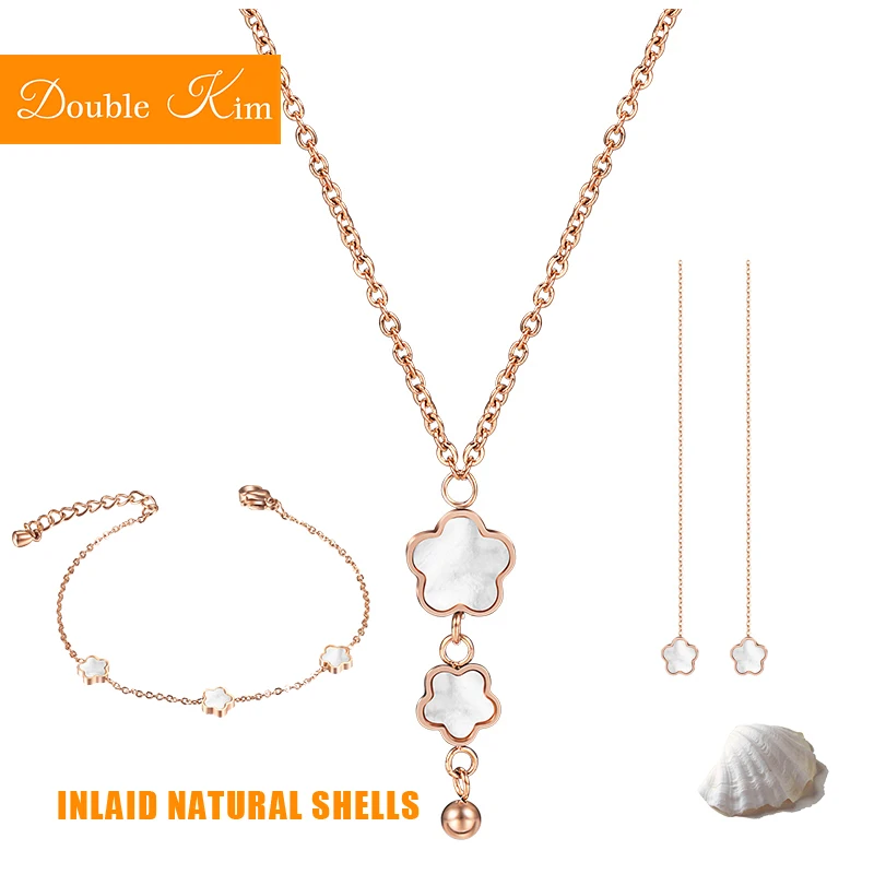 

Small Flowers Necklace Earrings Bracelet Jewelry Sets Titanium Stainless Steel Inlaid Natural Shells Women Fashion Jewelry Gift