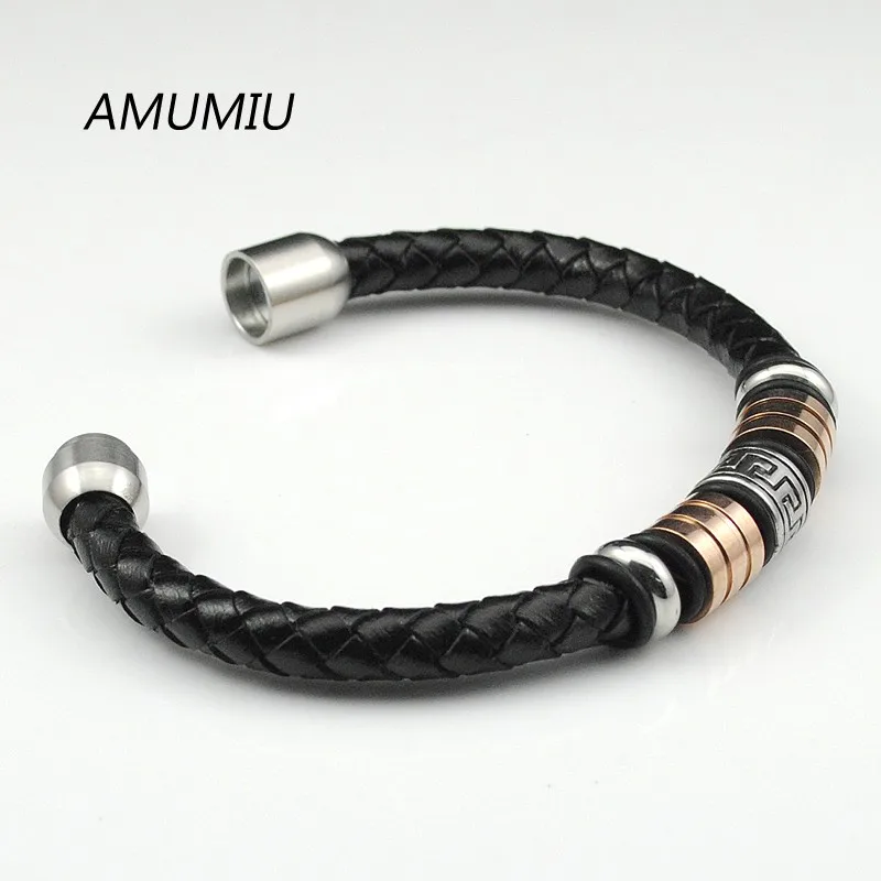 AMUMIU плетеные браслеты из искусственной кожи для мужчин браслет и браслет модные мужские ювелирные изделия черный HB040