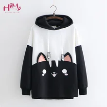Японская Kpop одежда женский милый пуловер Толстовка Осенняя мода Harajuku Лолита Черный кот Графический Kawaii толстовка с капюшоном