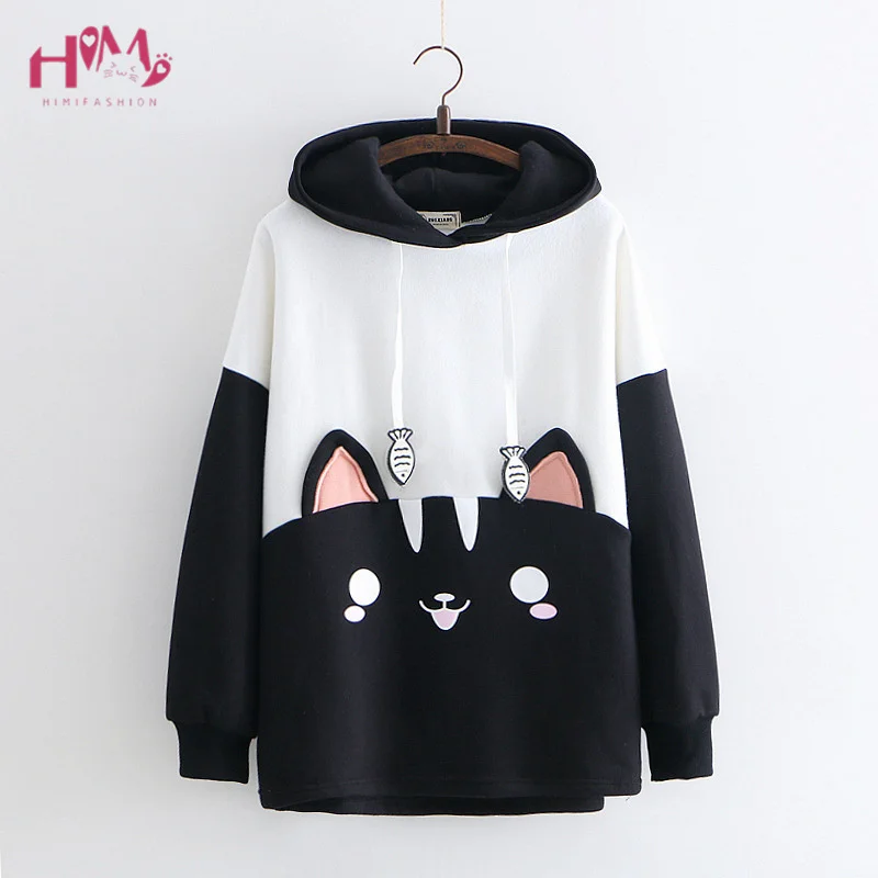 Comprar Kpop japonés ropa mujer lindo suéter sudadera 2018 otoño moda Harajuku Lolita gato negro gráfico Kawaii Sudadera con capucha