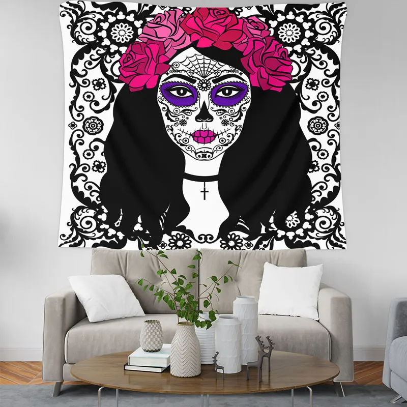 

Mexican Style Sugar Skull Day Of The Dead Gift Tapestry Geometric Woman Avatar Pattern Wall Decorative Gothic Floral Sheets