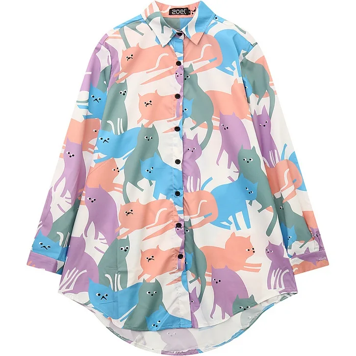 

Blusas Femininas 2017 New Fashion Women Plus Size Blouses Cute Cartoon Cat Print Casual Long Sleeve Oversized Loose White Shirt