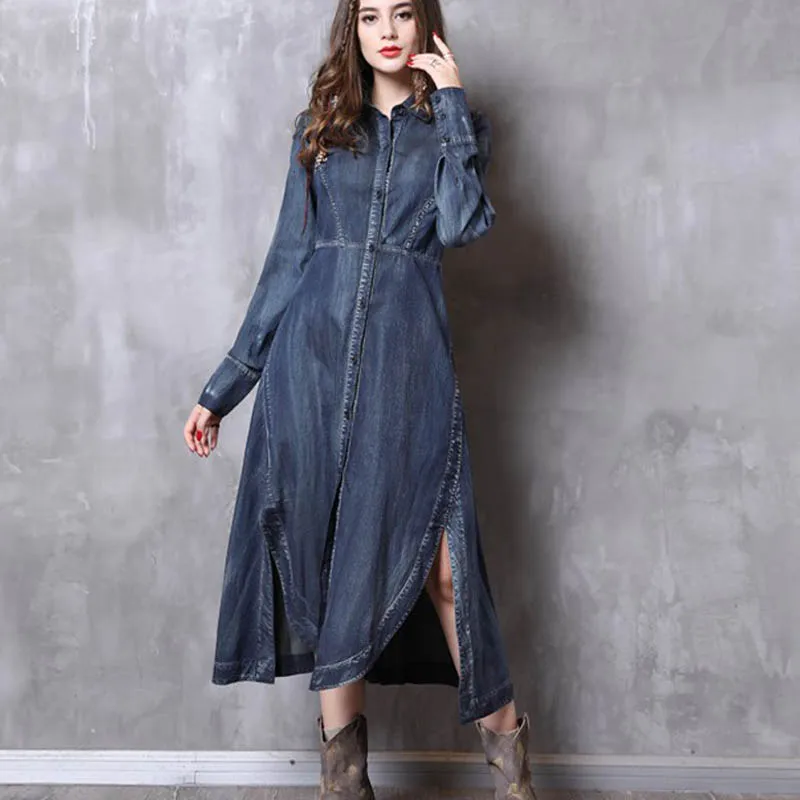 

Free Shipping 2019 New Fashion Denim Dresses For Women Long Sleeve mid-calf Single-breasted S-L Vintage Shirt Dress High Low