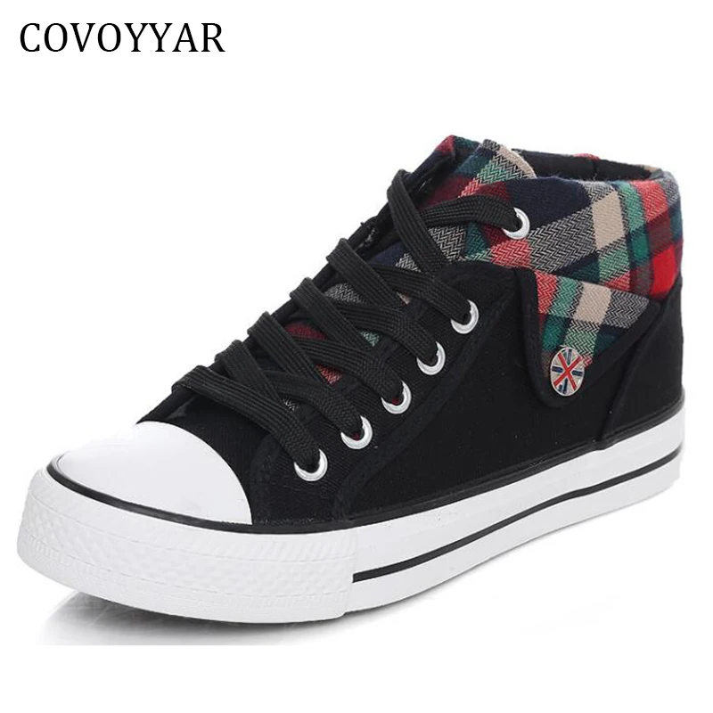 

COVOYYAR 2018 British Style Plaid Canvas Shoes Women Flats Low Top Lace Up Casual Shoes Plus Size 35~40 WSN18