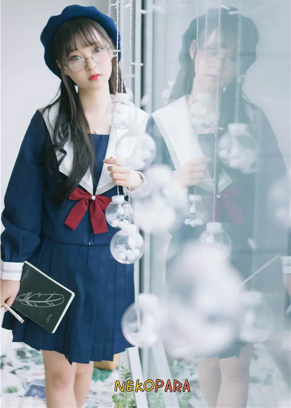 

Snow White Embroidery Cute Japanese Student JK Uniform Set: Sailor Collar Blouse & Bow + Pleated Skirt Color Navy Blue