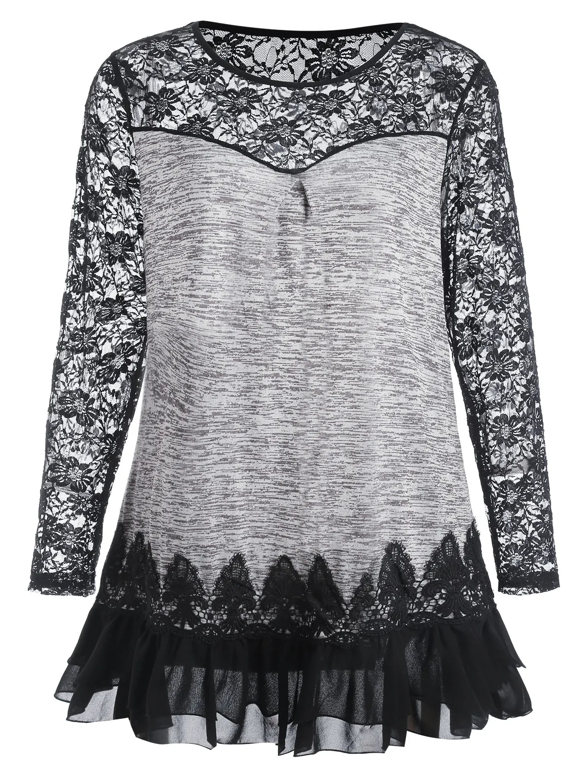 Wipalo Plus Size Sheer Lace Panel Layered Ruffled Marled Tunic T Shirt Casual O Neck Long Sleeve Flounce Tee Top Big 5XL|Футболки| |