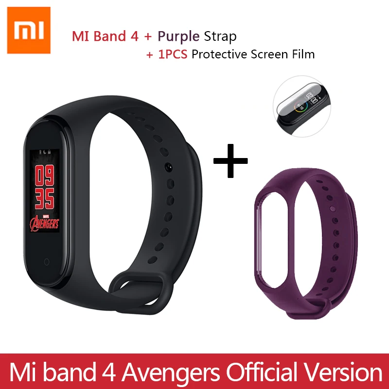 Новейший Xiaomi mi браслет 4 Мстители официальное издание Смарт mi Band 4 Мститель браслет Bluetooth 5,0 пульсометр фитнес - Цвет: Add Purple Strap