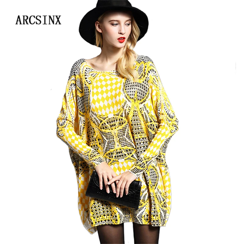 

ARCSINX Oversized Female Pullover 5XL 6XL 7XL 8XL 9XL Autumn Winter Print Geometric Women Jupmers Large Size Women Long Sweater