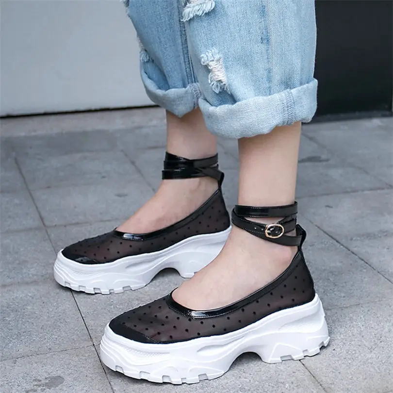 

NAYIDUYUN Women Cow Leather High Heel Roman Gladiator Sandals Breathable Mesh Wedges Oxfords Shoes Round Toe Platform Sneakers