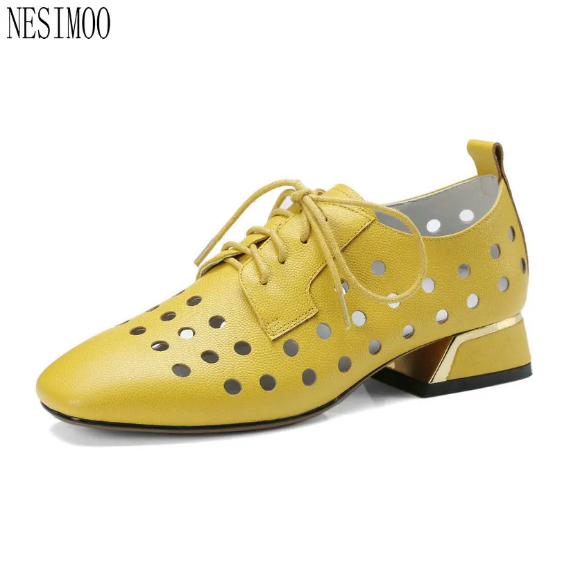 

NESIMOO 2018 Summer Fashion Women Pumps Square Low Heel Cut Outs Genuine Leather Black Lace Up Ladies Casual Shoes Size 34-42