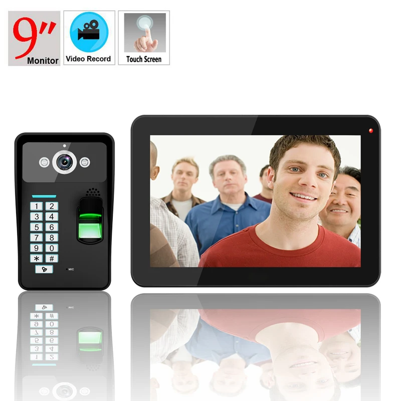 Free shipping ENNIO 9inch Color Fingerprint Recognition Record Video Door Phone Intercom Rainproof Night Vision 900TVL