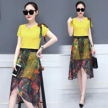 

mini dress & Chiffon skirt women's clothing set korean fashion two-piece suit new 2018 summer girl street wear floral skirts