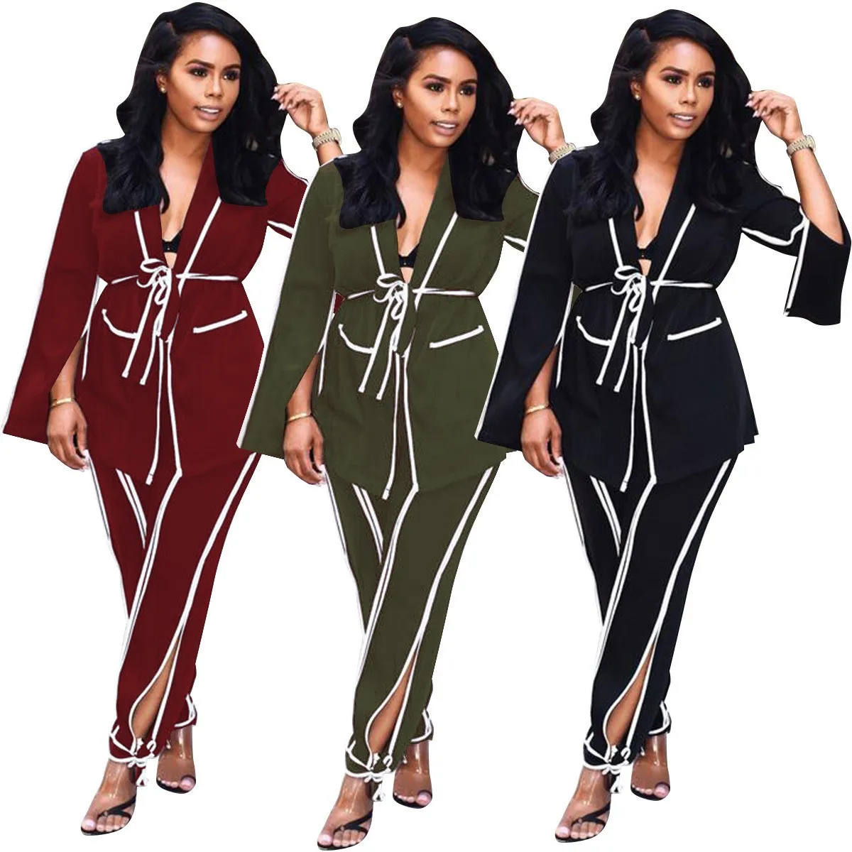 Autumn Winter Women Sexy Striped Two Pieces Set V Neck Elegant Lace Up ...