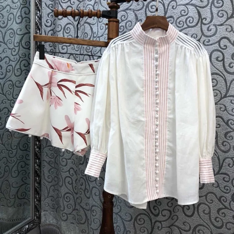 2019 الربيع الصيف أزياء مجموعة قصيرة النساء مخطط اللون كتلة فضفاضة قمم قميص + الزهور طباعة السراويل السيدات عارضة الدعاوى و مجموعات