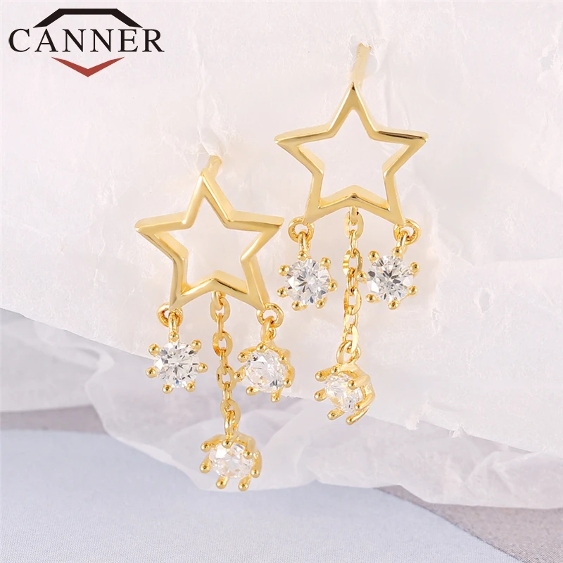 CANNER Romantic Gold Color 925 Silver Star Drop Earrings Fashion Zircon Sweet Earring for Women Jewelry FO
