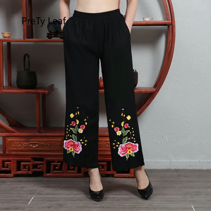 

2018 ethnic style new cotton and linen embroidery straight pants
