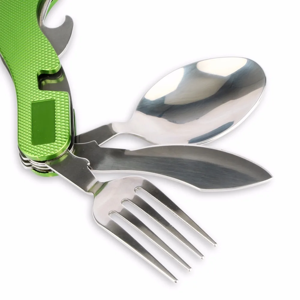 4 in 1 Portable MultiFunction Durable Stainless Steel Folding Spoon Fork Knife Bottle Opener Outdoor Camping Picnic Tableware 