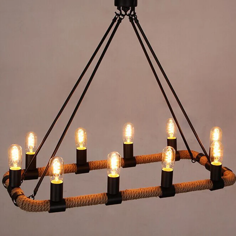 

Loft Vintage Pendant Lamp Industrial Black Metal Suspended Rope Light Retro Square Hanging Lamp