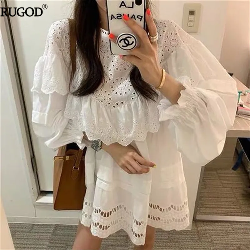 

RUGOD Elegant White Lace Dress Women Korean Fashion Hollow Out Ruffle Mini Dress 2019 Summer Casual Lantern Sleeve O Neck Dress