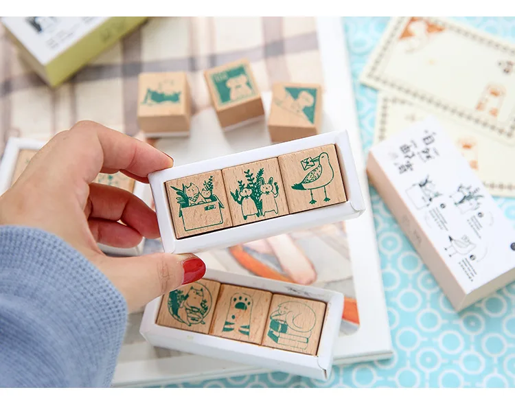 Vintage Cartoon cute cat DIY wooden rubber stamps set for scrapbooking stationery scrapbooking standard stamp