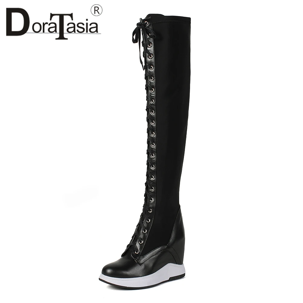 

DORATASIA Fashion Soft Genuine Leather Knee High Boots Women Autumn 2018 Elegant Height Increasing Shoes Woman Large Size 32-40