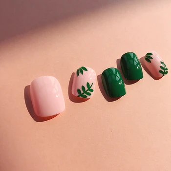 

24pcs Fake Nails Elegant Fresh Solid Pink Green Leaves Square Short Full Cover Summer Style Nail Tips Artificial Korean Brizil